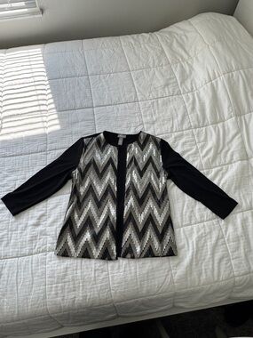 Travelers by Chico’s black sweater with gold and silver sequin details, size 0